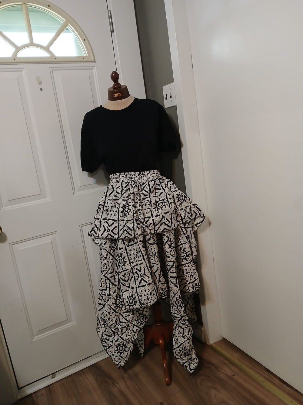 Newly Sewn Black and White Tiered Handkerchief Hem Skirt.Free Size (S-L)
